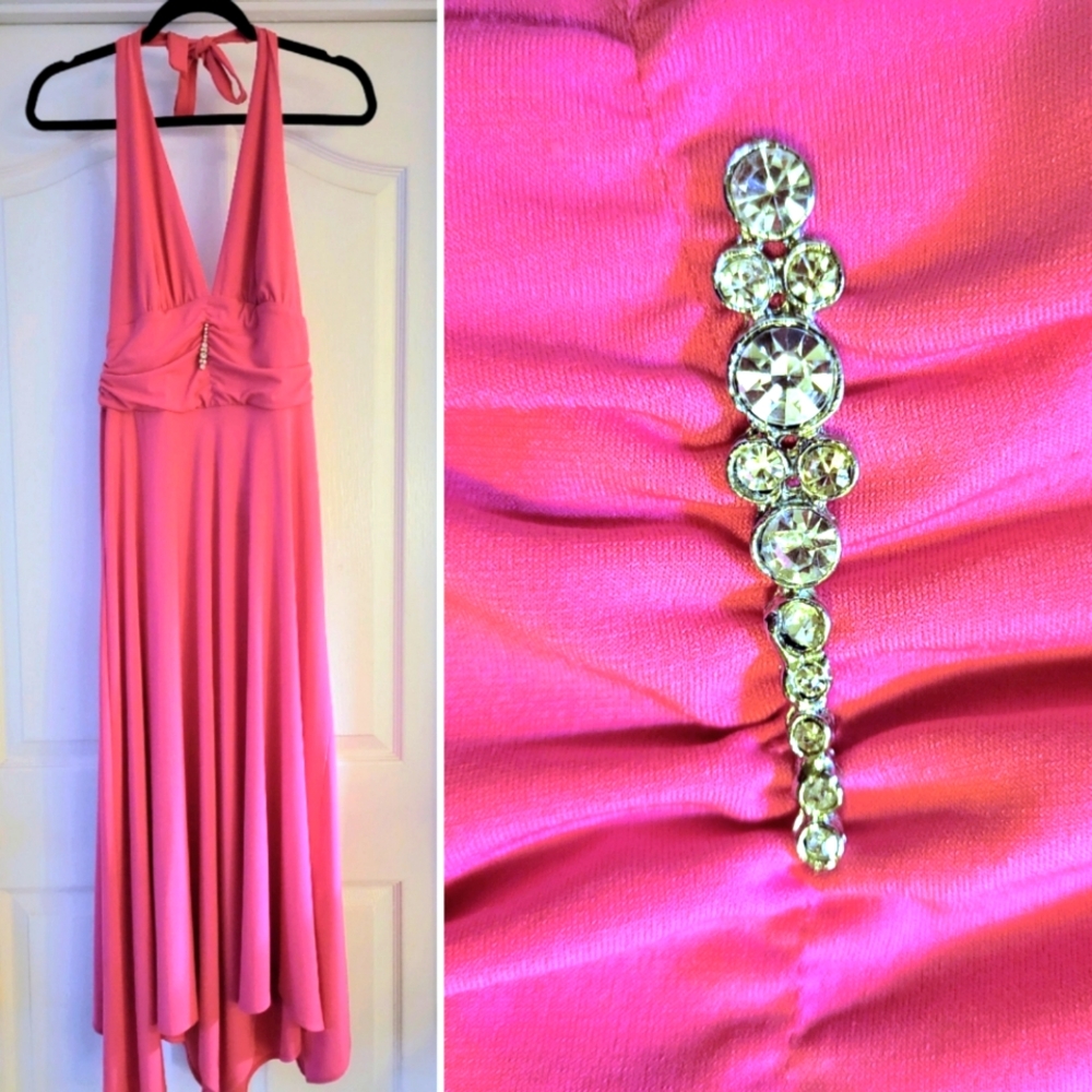 Robbie Bee Pink Gown Halter Dress Maxi Midi Fuchsia NWT 6